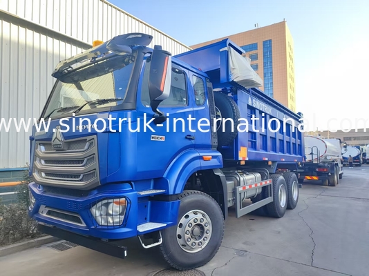 Kekuatan Versatile HOWO 6x4 380HP Blue Dump Truck Dengan 20CBM Square Cargo Box Dan Waterproof Tarp Flip Cove