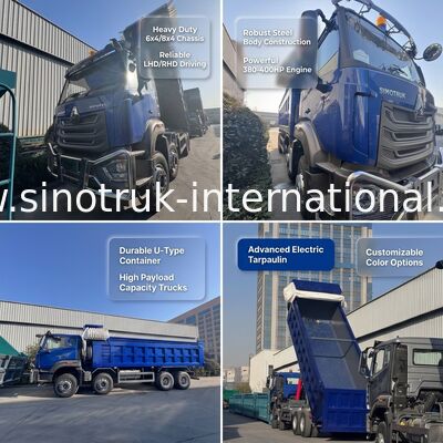 Sinotruk HOHAN Baru HOWO 8X4 Truk Dump 371hp Kabin H77L Biru Dengan terpal listrik RHD