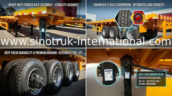 Kontainer Mengangkut Truk Semi Trailer Flat Bed Dengan 3 As 30-60 Ton 13m