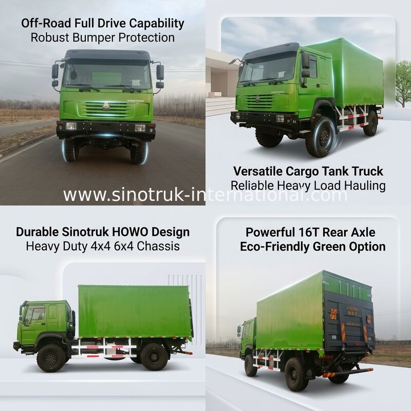 Truk Tugas Berat SINOTRUK dengan Tipe Penggerak 4X4 LHD, Tangki Kargo 5000*2300*2300 mm, dan Kapasitas Gandar Belakang 16T untuk Pengangkutan Beban Berat