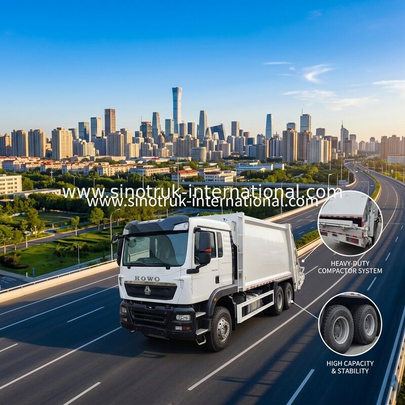 18m3 truk sampah kompresi volume besar dengan mesin 371HP dan ban tugas berat untuk pengelolaan limbah yang efisien