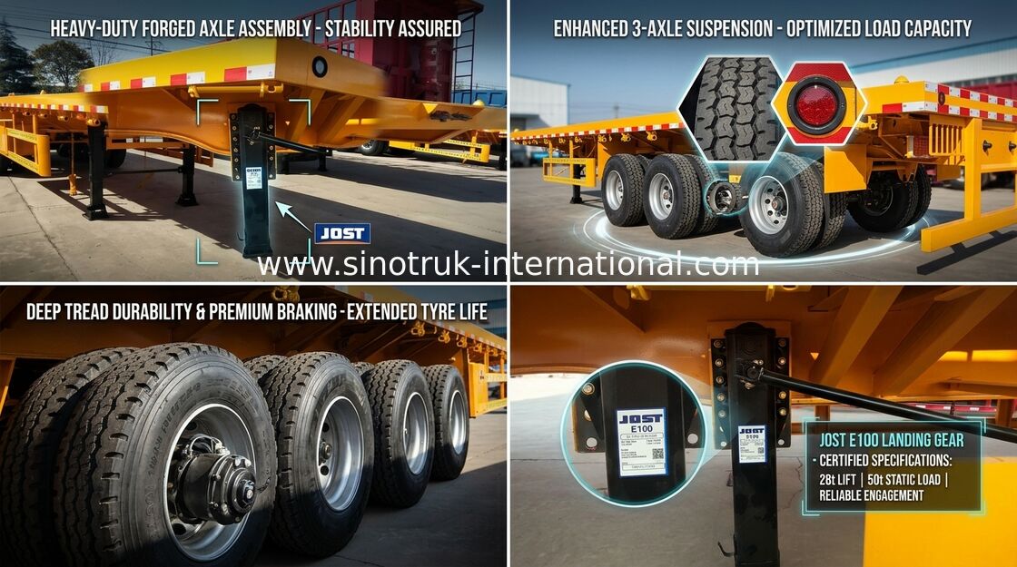 Kontainer Mengangkut Truk Semi Trailer Flat Bed Dengan 3 As 30-60 Ton 13m