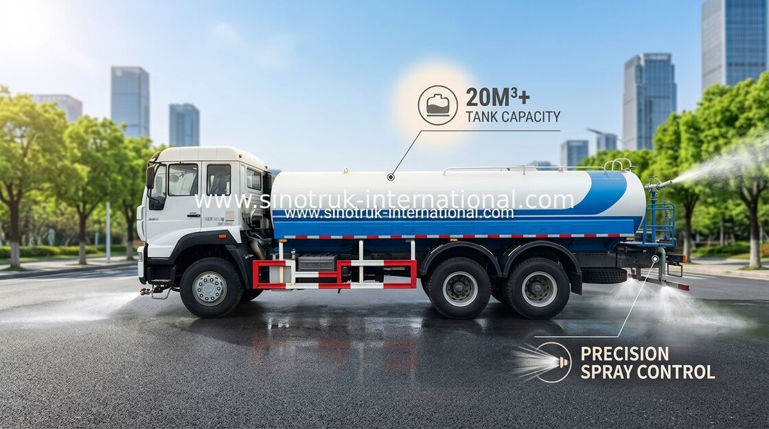 Truk Tangki Air 5000 Galon SINOTRUK 11.00R20 Ban Radial 9920 × 2496 × 3550 Mm