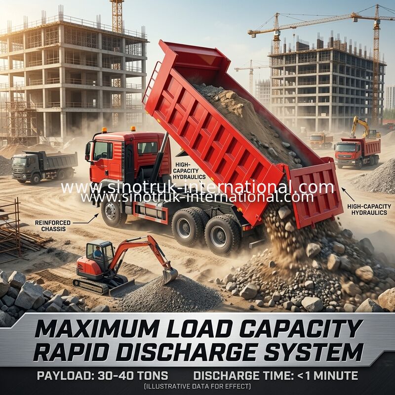 Truk Tipper 6×4 HOWO TX Efisiensi Tinggi. Tubuh Merah, Mesin 400HP, Kontainer 20CBM, 60 Ton Transportasi Berat