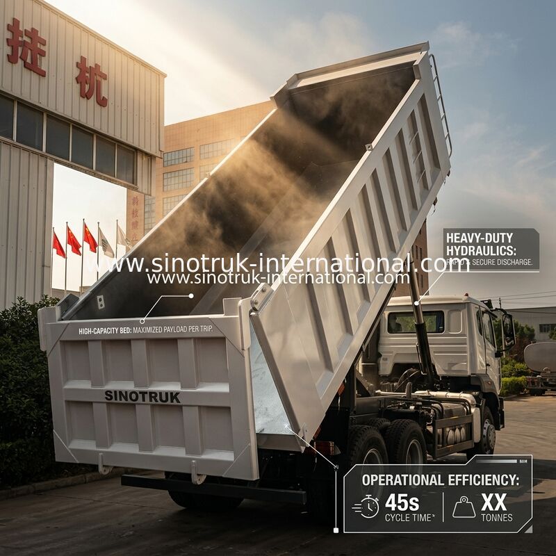 SINOTRUK HOHAN Howo Tipper Dump Truck Angkat Tengah Mesin Weichai 6 × 4 LHD Kotak Kargo Persegi Panjang Putih 19-20CBM