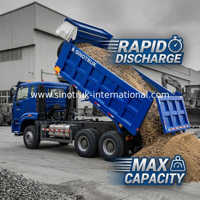 Kekuatan Versatile HOWO 6x4 380HP Blue Dump Truck Dengan 20CBM Square Cargo Box Dan Waterproof Tarp Flip Cove