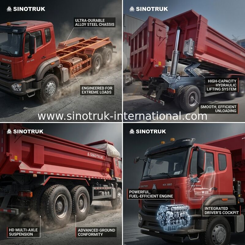 Sinotruk Hohan New Howo Tipper Dump Truck N7 8 × 4 12 Roda 380Hp Lhd atau Rhd Dengan Kontainer Tipe U Tarpaulin