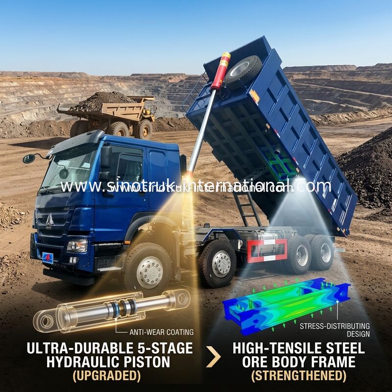 SINOTRUK HOWO LHD 12 roda 8X4 400HP Blue Dump Truck Untuk Penambangan Pengangkatan Depan 50Ton