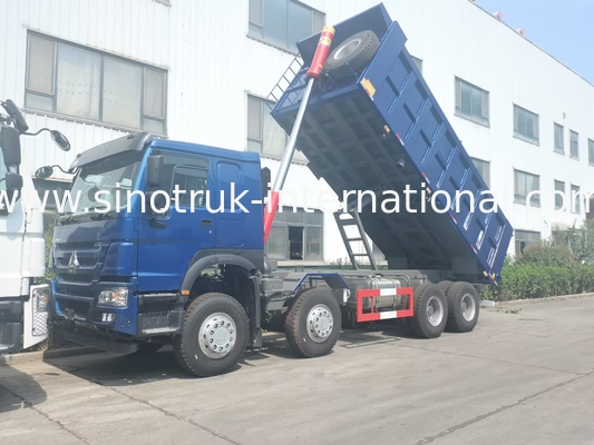 SINOTRUK HOWO LHD 12 roda 8X4 400HP Blue Dump Truck Untuk Penambangan Pengangkatan Depan 50Ton