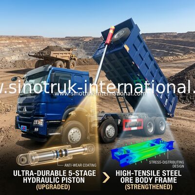 SINOTRUK HOWO LHD 12 roda 8X4 400HP Blue Dump Truck Untuk Penambangan Pengangkatan Depan 50Ton
